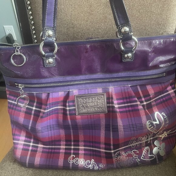 COACH Poppy Plaid Glam Tote Purple red Patent leather trim Bag - Picture 1 of 14
